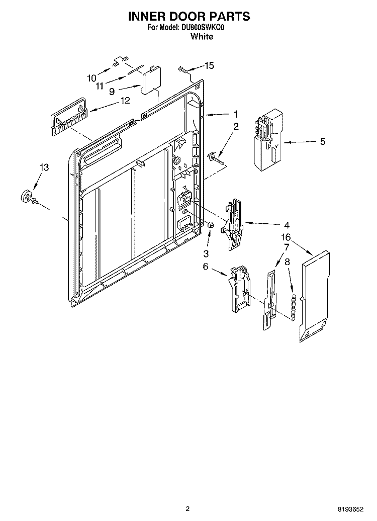 INNER DOOR Diagram and Parts List for DU800SWKQ0  Whirlpool Dishwasher