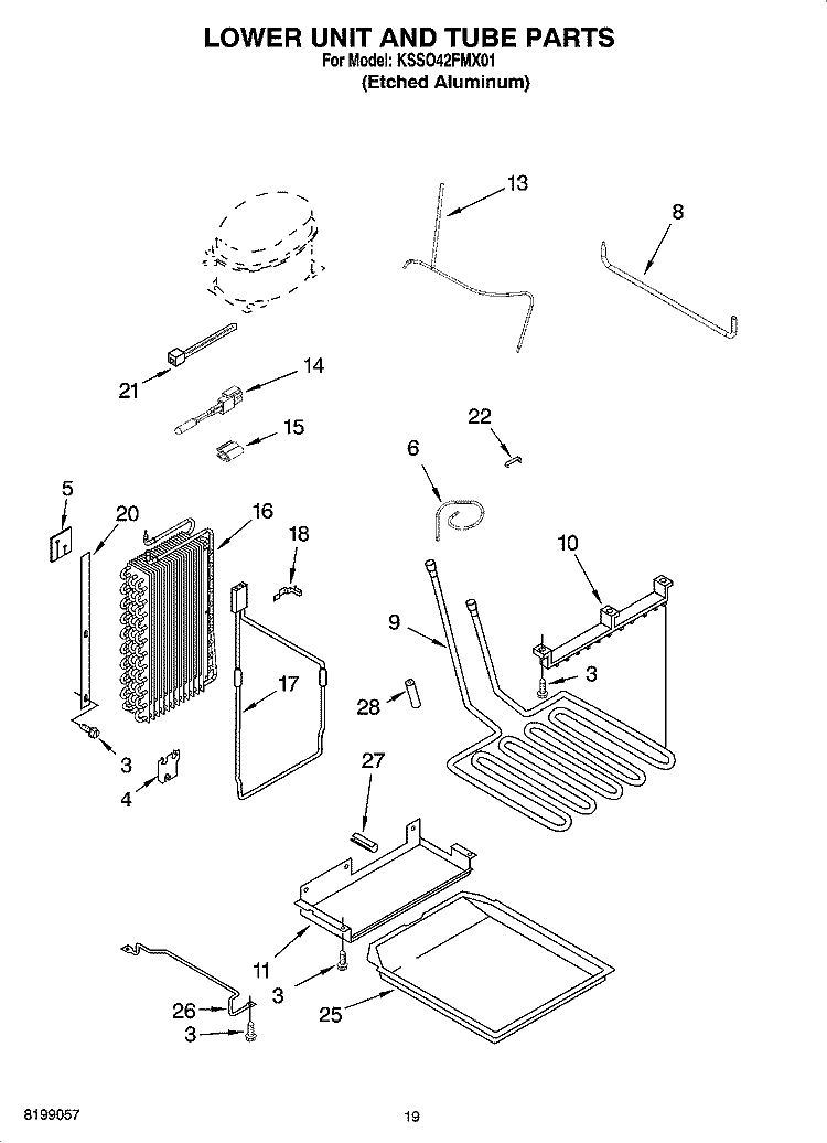 LOWER UNIT AND TUBE PARTS Diagram and Parts List for KSSO42FMX01  KitchenAid Refrigerator