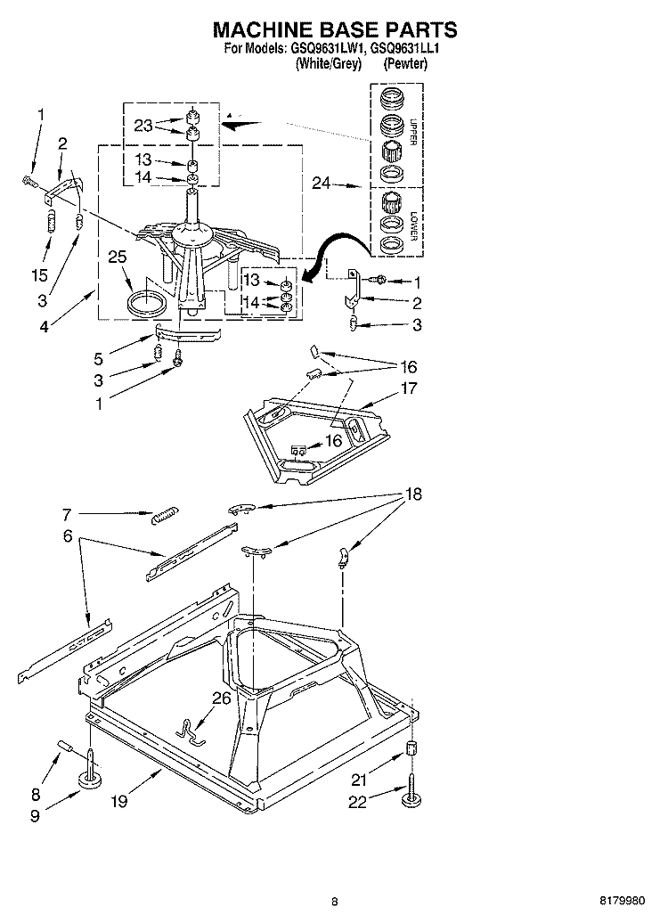 MACHINE BASE PARTS Diagram and Parts List for GSQ9631LW1  Whirlpool Washer