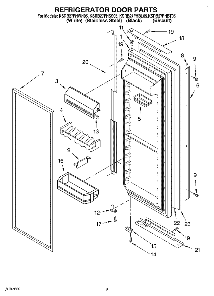 REFRIGERATOR DOOR Diagram and Parts List for KSRB27FHBL05  KitchenAid Refrigerator