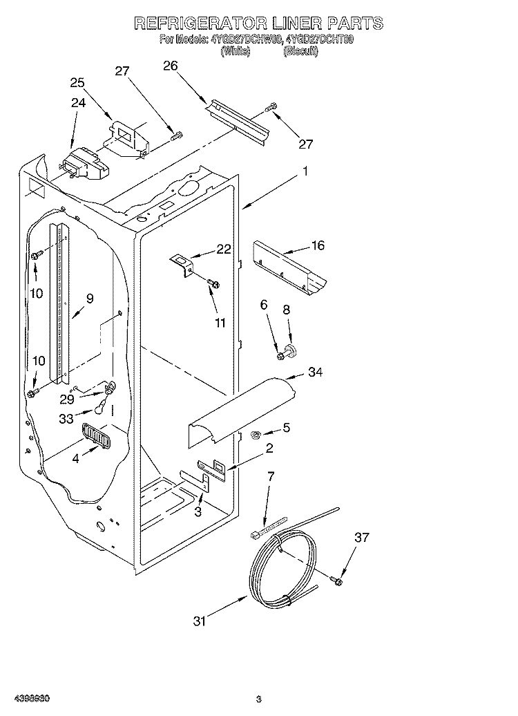 REFRIGERATOR LINER Diagram and Parts List for 4YGD27DCHT00  Whirlpool Refrigerator