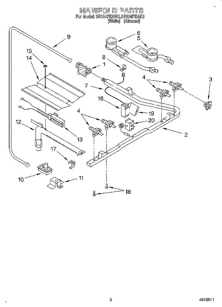 MANIFOLD Diagram and Parts List for SF314PEAN3  Whirlpool Range