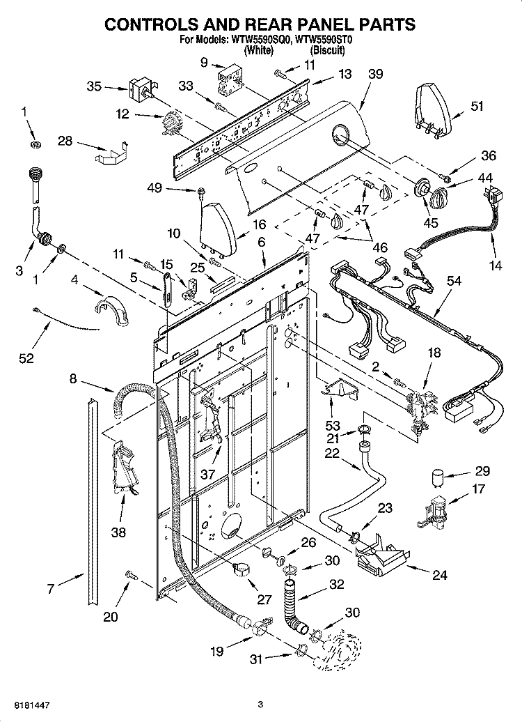 CONTROLS AND REAR PANEL PARTS Diagram and Parts List for WTW5590SQ0  Whirlpool Washer