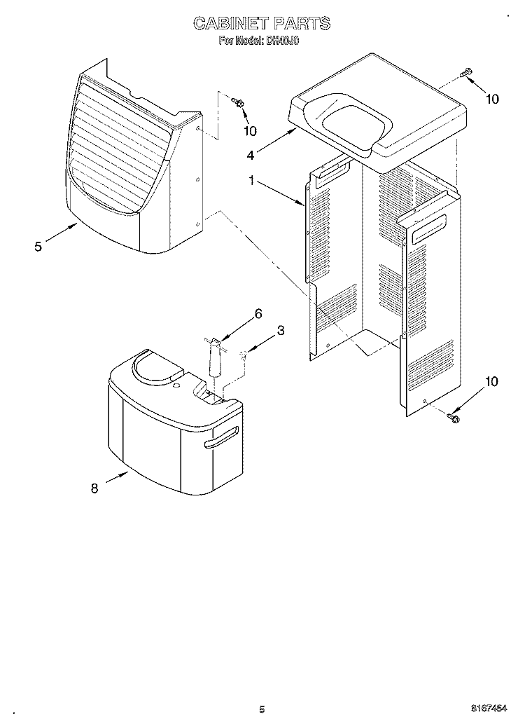 CABINET Diagram and Parts List for DH40J0  Whirlpool Dehumidifier