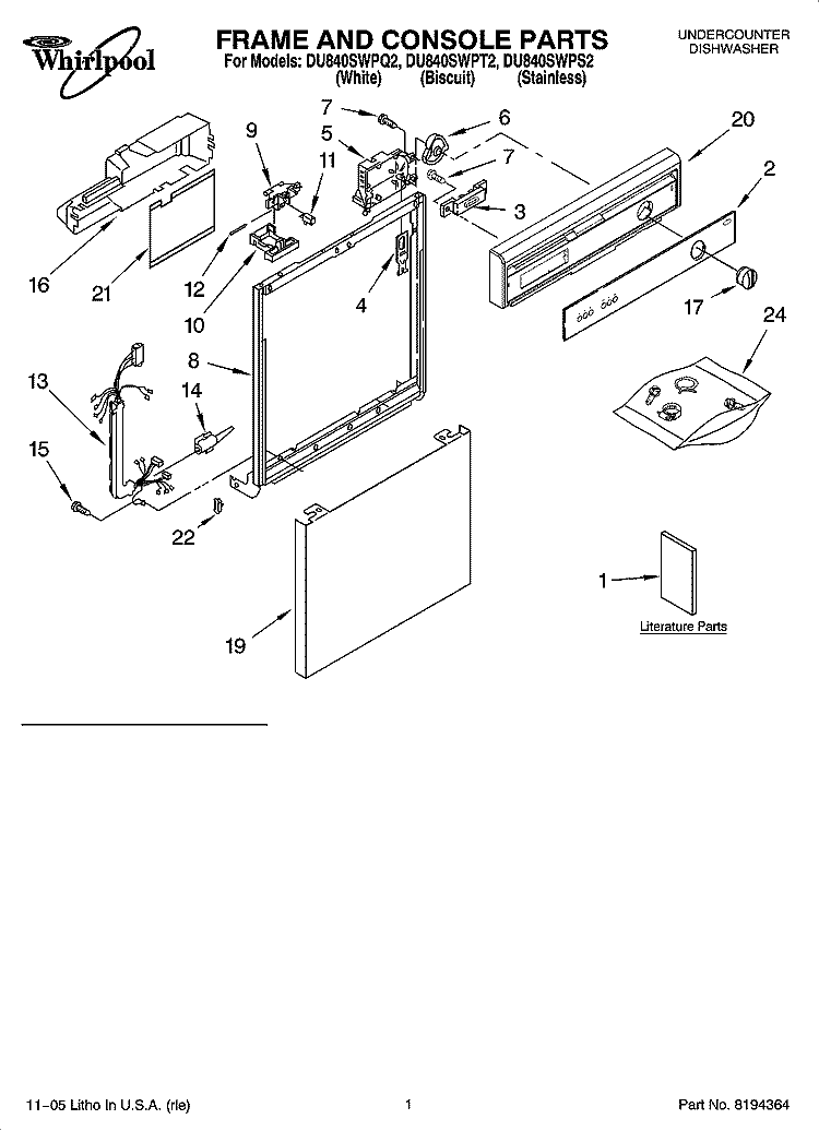 FRAME AND CONSOLE PARTS Diagram and Parts List for DU840SWPQ2  Whirlpool Dishwasher