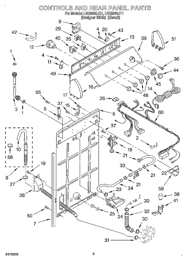 CONTROLS AND REAR PANEL Diagram and Parts List for LSQ9564JT1  Whirlpool Washer
