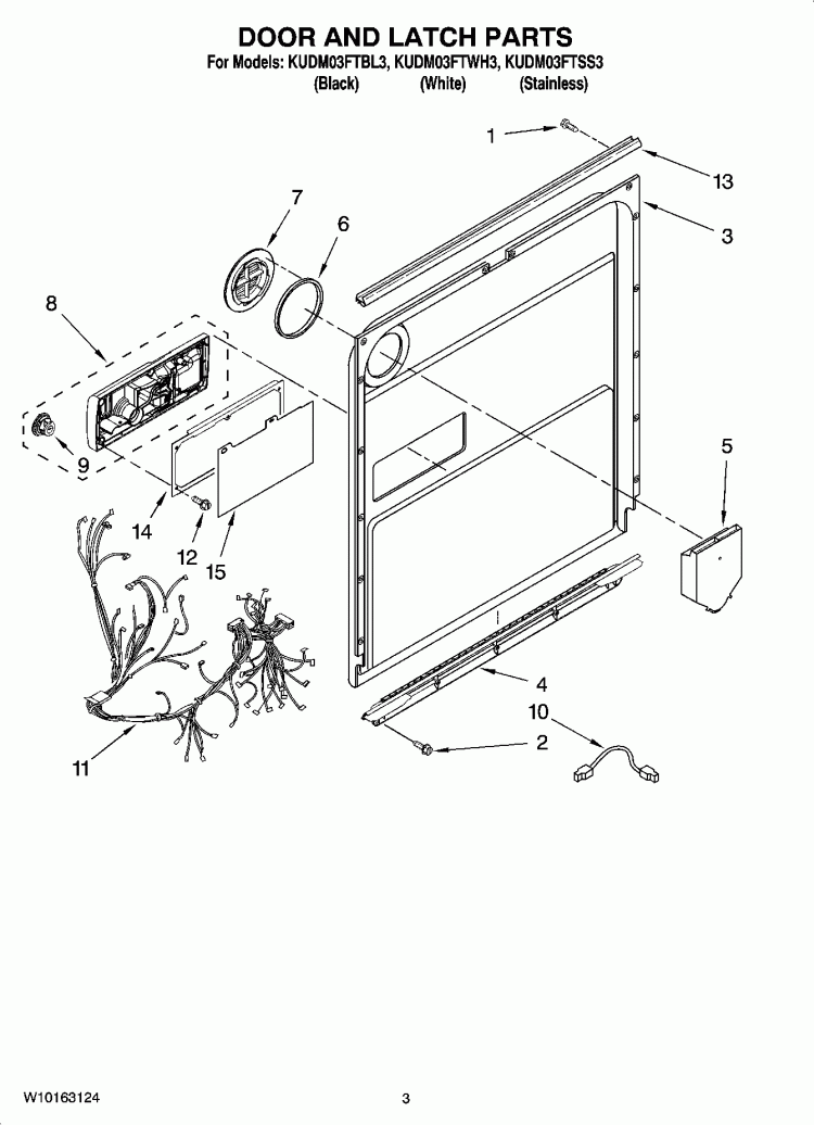 DOOR AND LATCH PARTS Diagram and Parts List for KUDM03FTBL3  KitchenAid Dishwasher