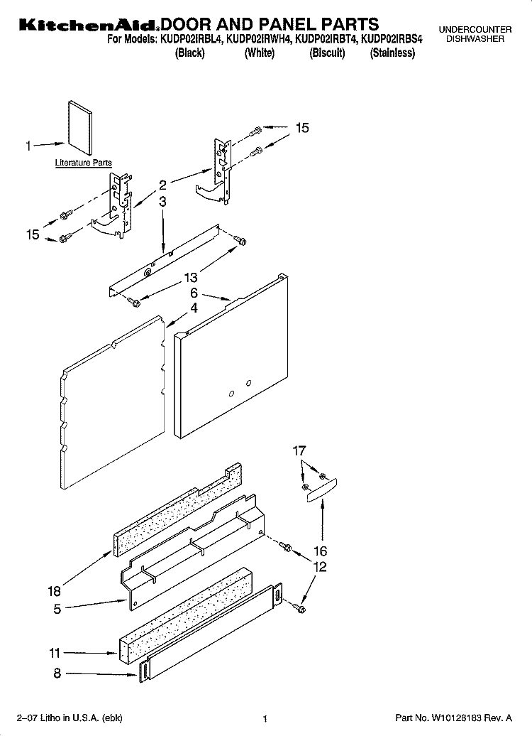 DOOR AND PANEL PARTS Diagram and Parts List for KUDP02IRWH4  KitchenAid Dishwasher