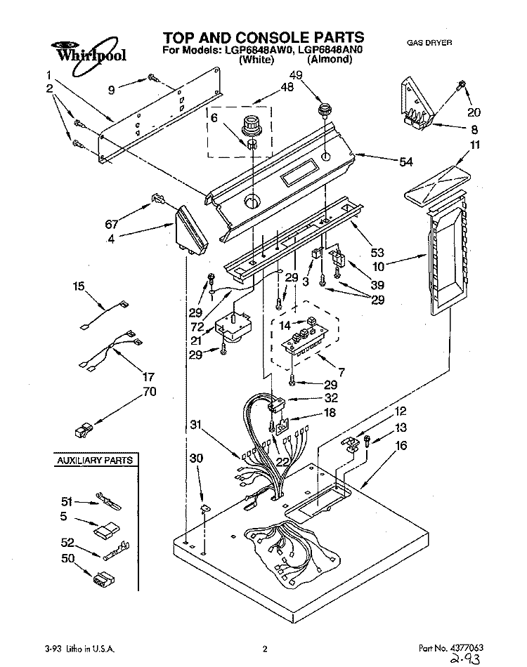 TOP AND CONSOLE, LIT/OPTIONAL Diagram and Parts List for LGP6848AN0  Whirlpool Dryer