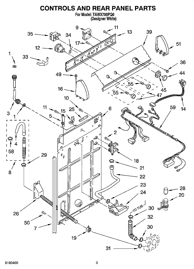 CONTROL AND REAR PANEL PARTS Diagram and Parts List for TAWX700PQ0  Estate Washer