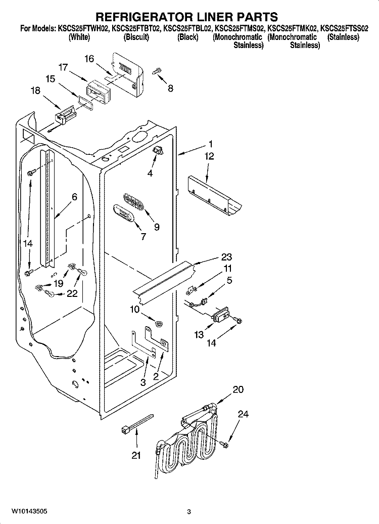 REFRIGERATOR LINER PARTS Diagram and Parts List for KSCS25FTSS02  KitchenAid Refrigerator