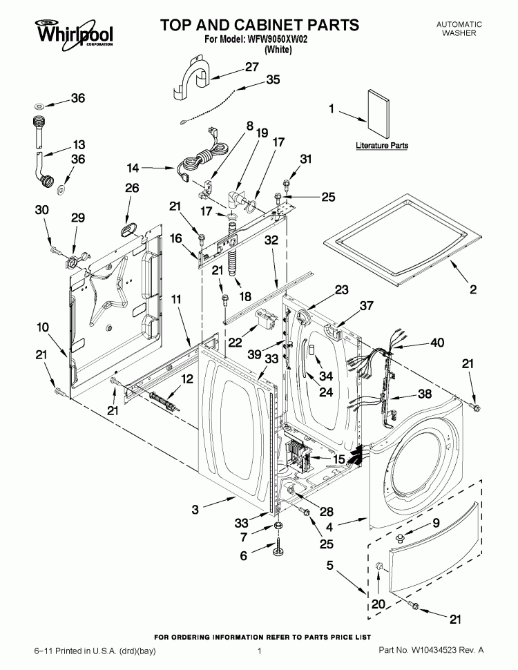 TOP AND CABINET PARTS Diagram and Parts List for WFW9050XW02  Whirlpool Washer