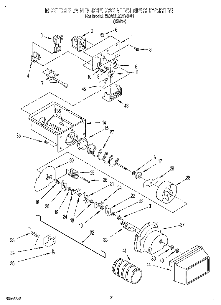 MOTOR AND ICE CONTAINER Diagram and Parts List for 7ED25DQXFW01  Whirlpool Refrigerator