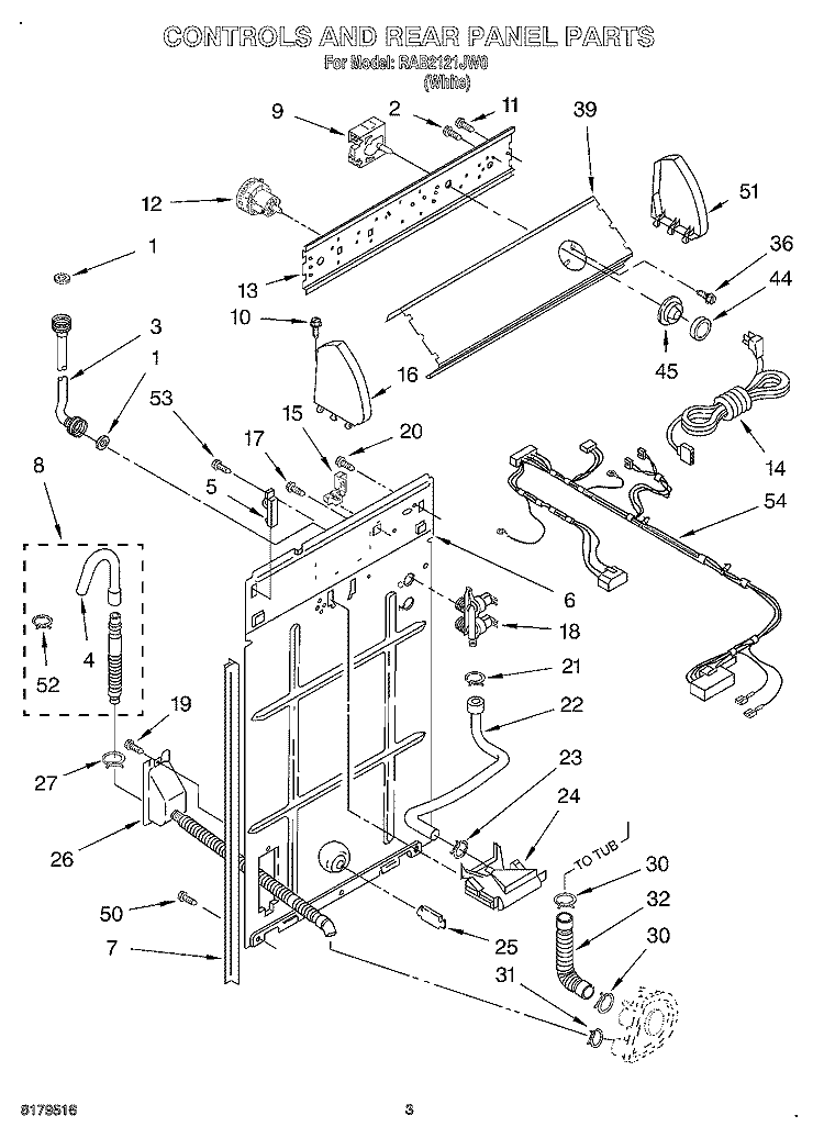 CONTROLS AND REAR PANEL Diagram and Parts List for RAB2121JW0  Roper Washer