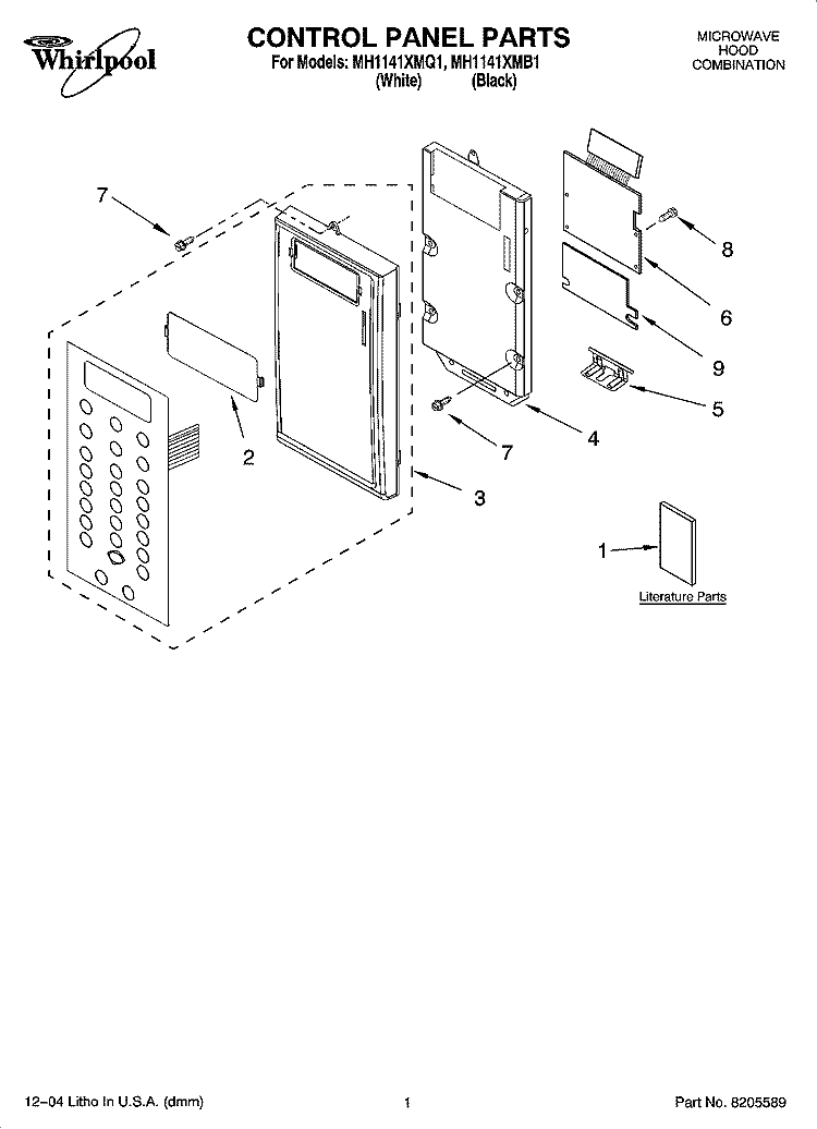 CONTROL PANEL PARTS Diagram and Parts List for MH1141XMQ1  Whirlpool Microwave