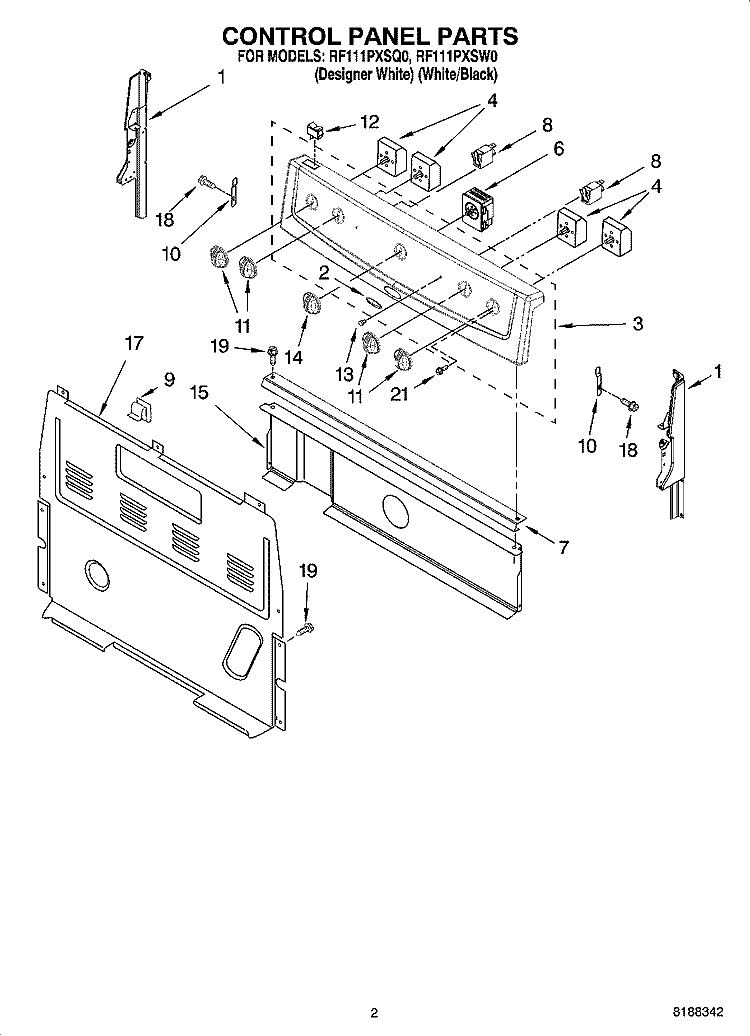 CONTROL PANEL PARTS Diagram and Parts List for RF111PXSW0  Whirlpool Range