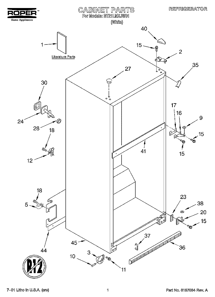 CABINET, LITERATURE Diagram and Parts List for RT21LMXJW01  Roper Refrigerator