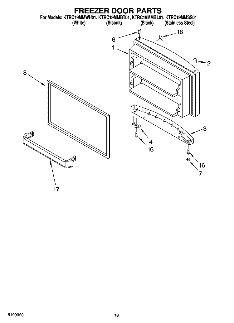 FREEZER DOOR PARTS, OPTIONAL PARTS Diagram and Parts List for KTRC19MMSS01  KitchenAid Refrigerator