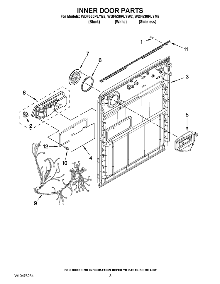 INNER DOOR PARTS Diagram and Parts List for WDF530PLYB2  Whirlpool Dishwasher