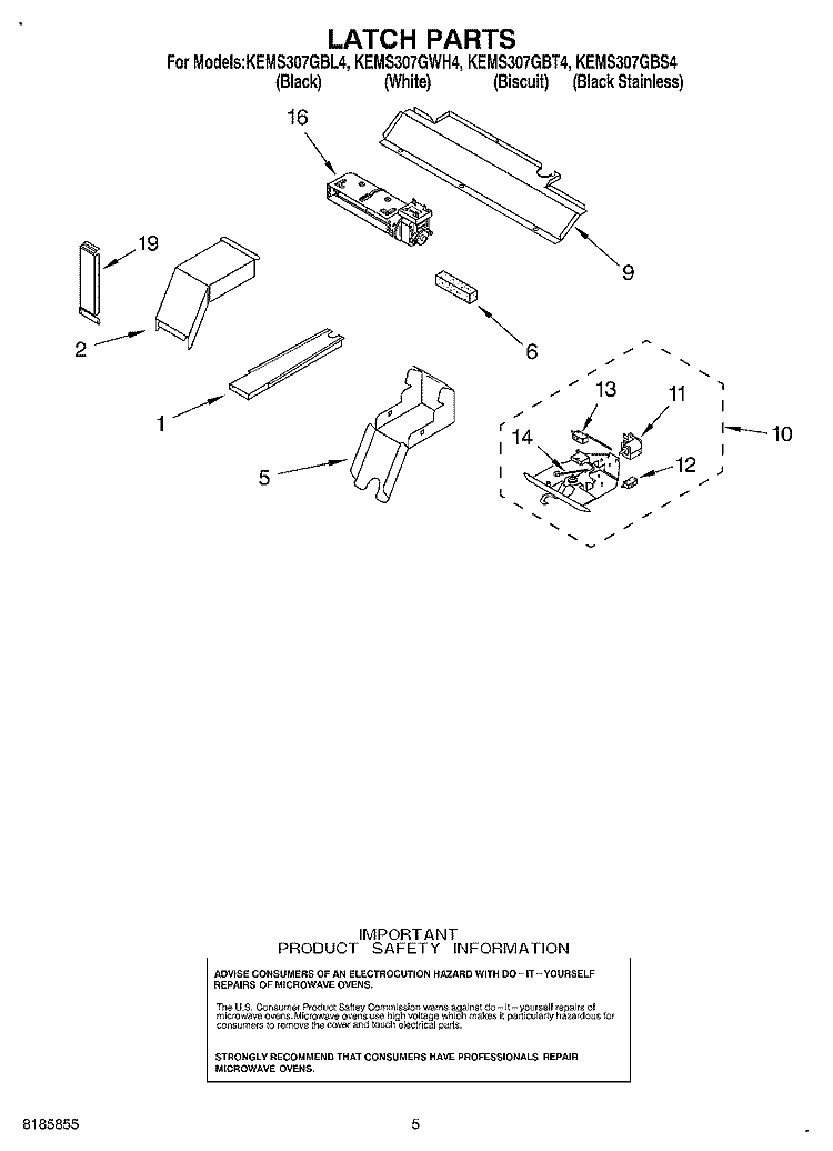 LATCH Diagram and Parts List for KEMS307GBT4  KitchenAid Microwave Oven Combo
