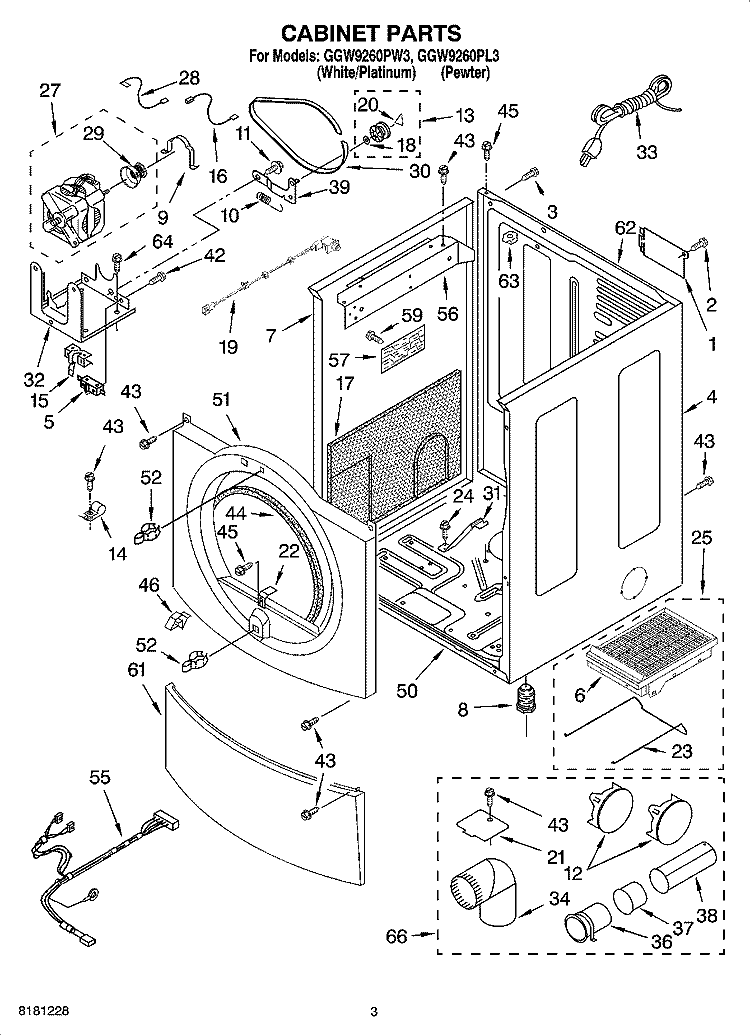 CABINET PARTS Diagram and Parts List for GGW9260PW3  Whirlpool Dryer