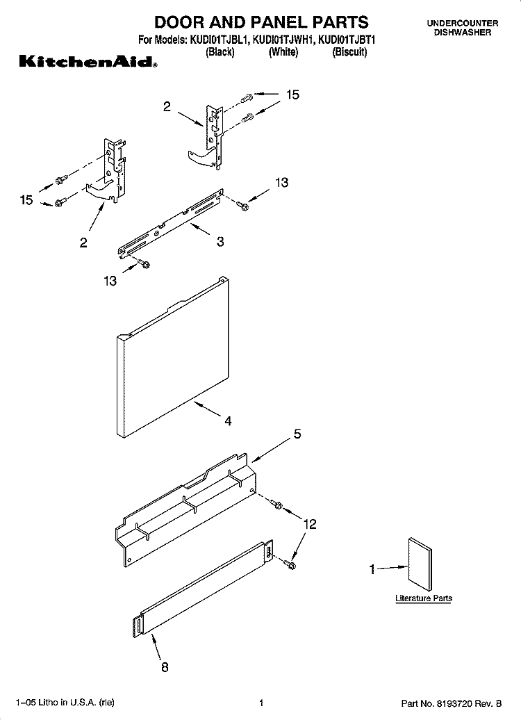 DOOR AND PANEL PARTS Diagram and Parts List for KUDI01TJBT1  KitchenAid Dishwasher