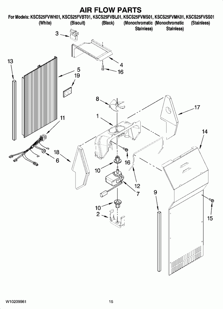 AIR FLOW PARTS Diagram and Parts List for KSCS25FVBT01  KitchenAid Refrigerator