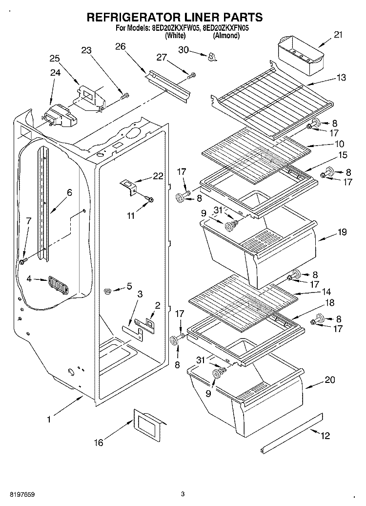 REFRIGERATOR LINER Diagram and Parts List for 8ED20ZKXFW05  Whirlpool Refrigerator