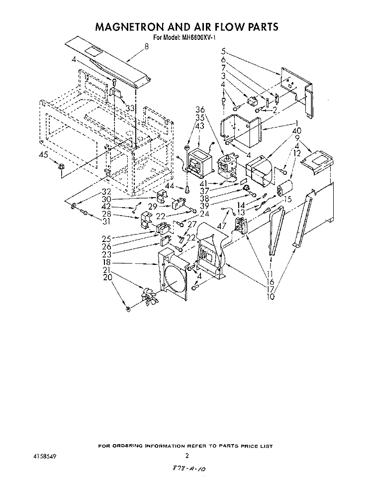 MAGNETRON AND AIRFLOW Diagram and Parts List for MH6600XV1  Whirlpool Microwave