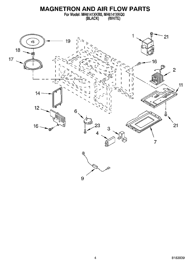 MAGNETRON AND AIRFLOW Diagram and Parts List for MH6141XKQ0  Whirlpool Microwave