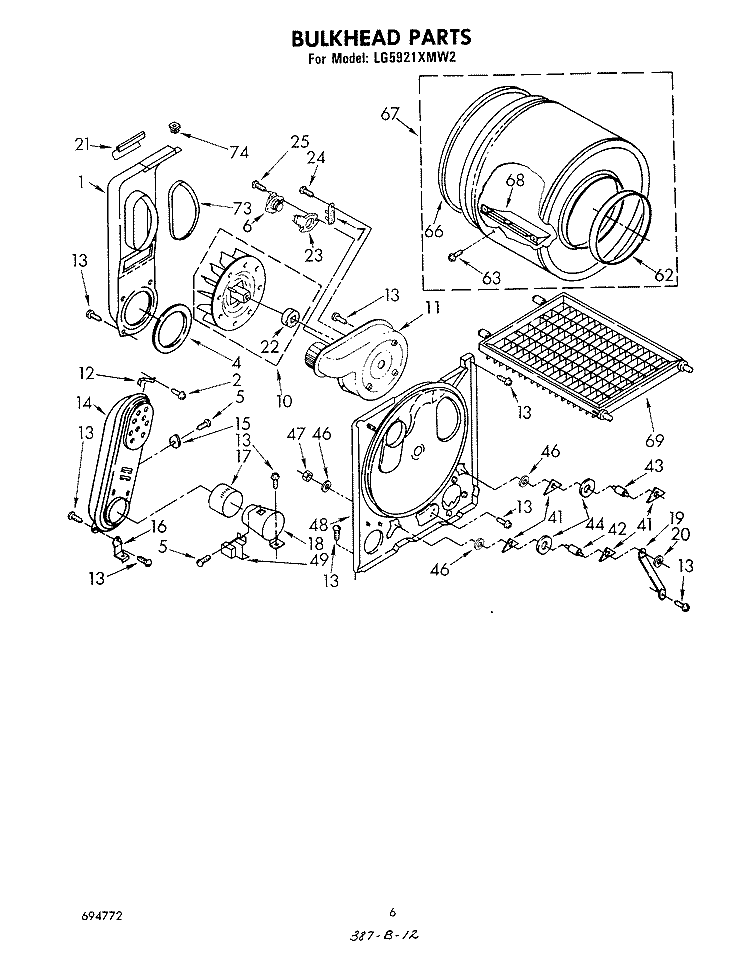 BULKHEAD Diagram and Parts List for LG5921XMW2  Whirlpool Dryer