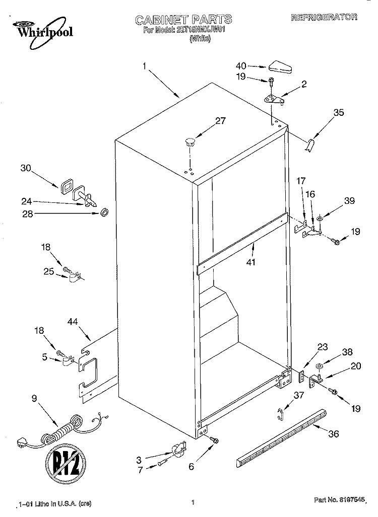 CABINET Diagram and Parts List for 2ET18NMXJW01  Whirlpool Refrigerator