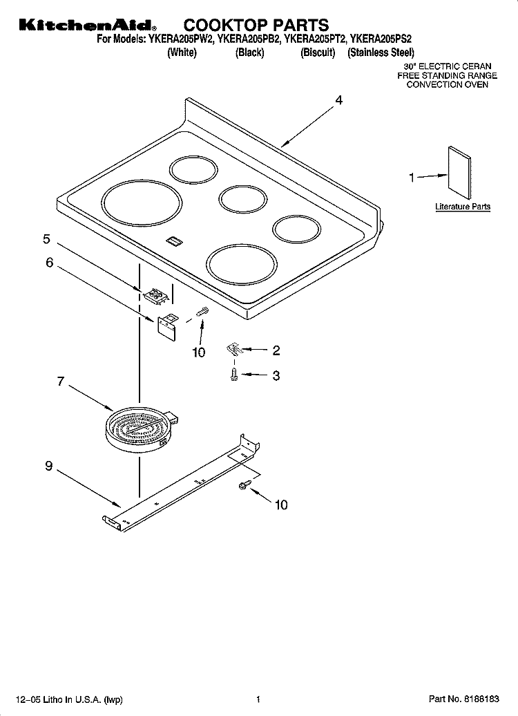 COOKTOP PARTS Diagram and Parts List for YKERA205PB2  KitchenAid Range