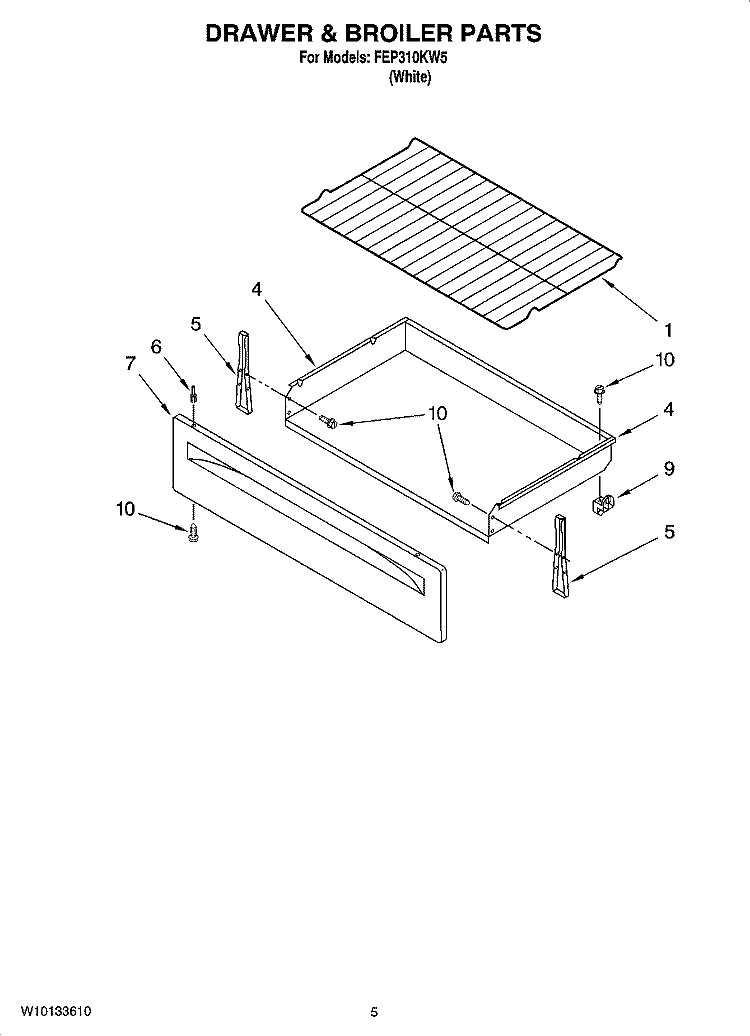 DRAWER & BROILER PARTS Diagram and Parts List for FEP310KW5  Roper Range