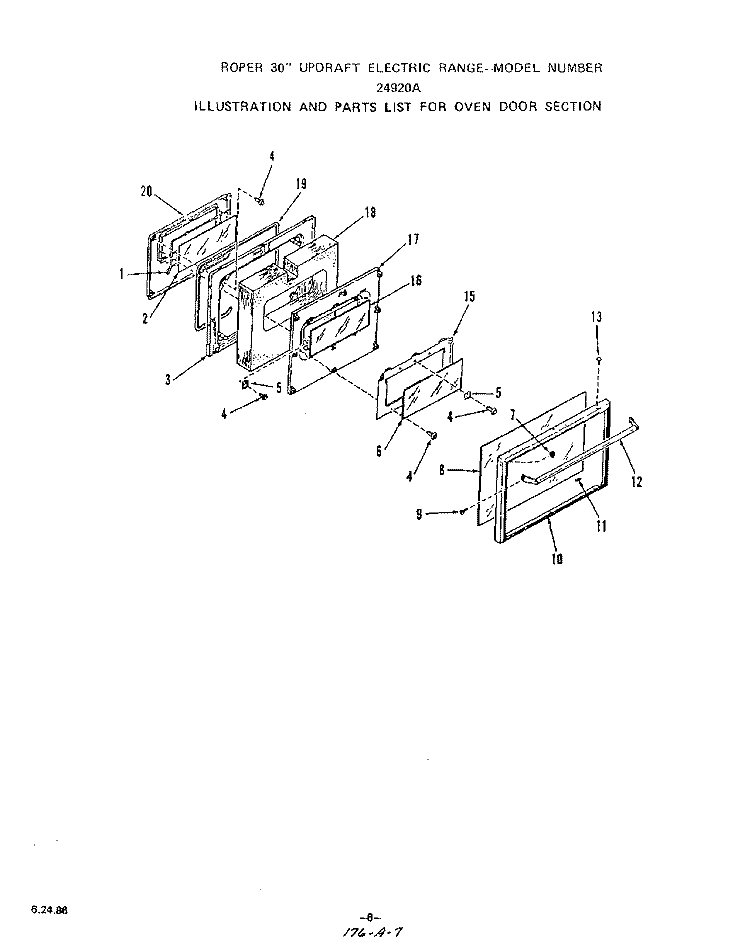 OVEN DOOR Diagram and Parts List for 2492L0A  Roper Range