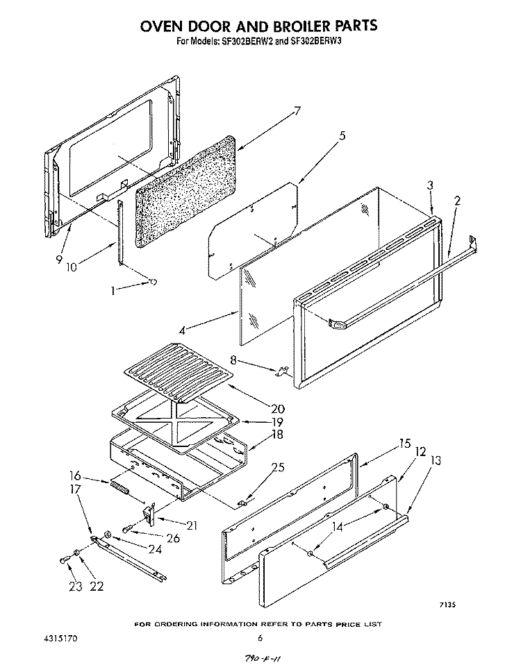 OVEN DOOR AND BROILER Diagram and Parts List for SF302BERW2  Whirlpool Range
