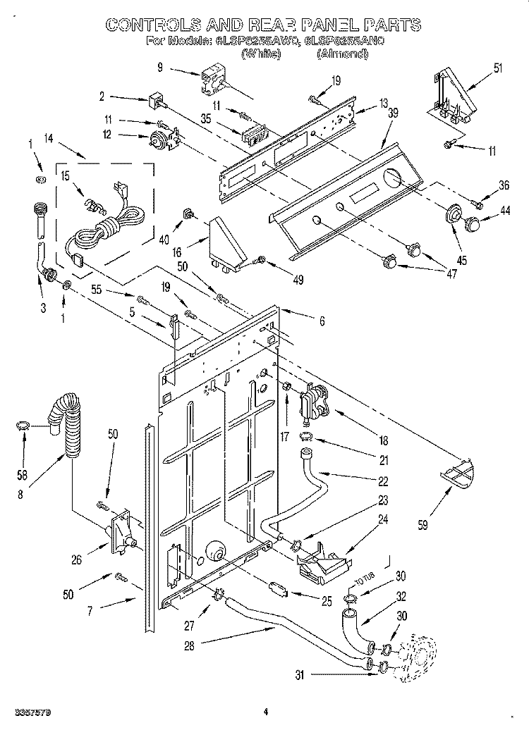 CONTROLS AND REAR PANEL Diagram and Parts List for 6LSP8255AW0  Whirlpool Washer