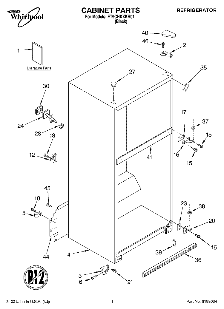 CABINET, LITERATURE Diagram and Parts List for ET9CHKXKB01  Whirlpool Refrigerator