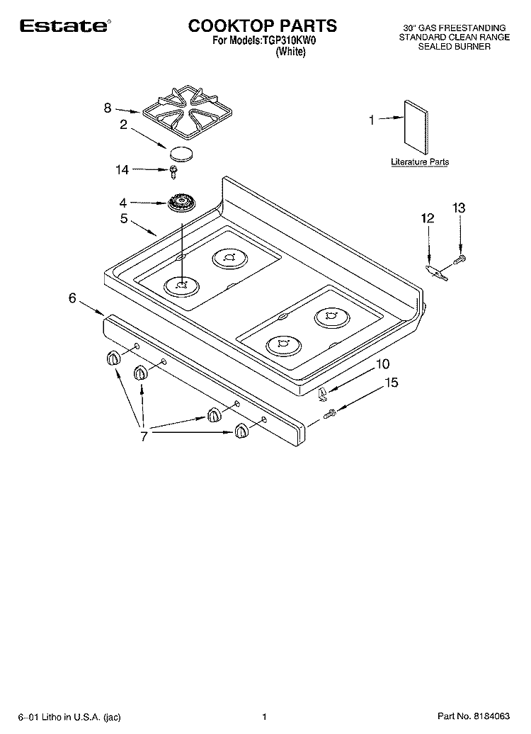 COOKTOP, LITERATURE Diagram and Parts List for TGP310KW0  Estate Range