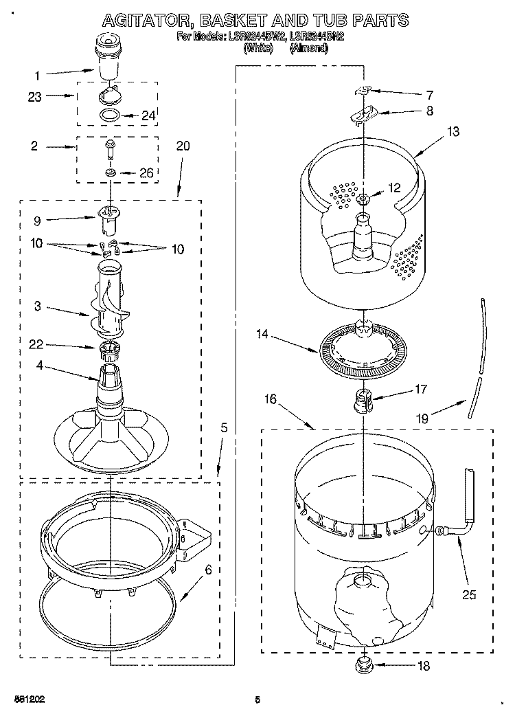 AGITATOR, BASKET AND TUB Diagram and Parts List for LSR8244BW2  Whirlpool Washer