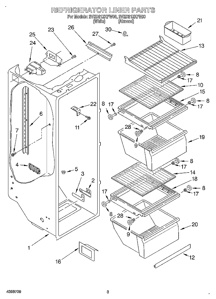 REFRIGERATOR LINER Diagram and Parts List for 2VED21ZKFW00  Whirlpool Refrigerator