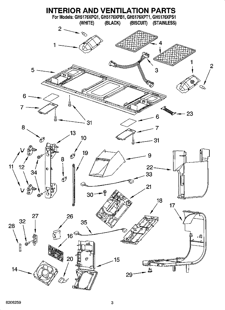 INTERIOR AND VENTILATION PARTS Diagram and Parts List for GH5176XPT1  Whirlpool Microwave