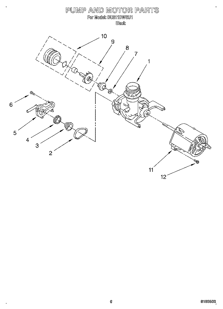 PUMP AND MOTOR Diagram and Parts List for DU811DWGU1  Whirlpool Dishwasher