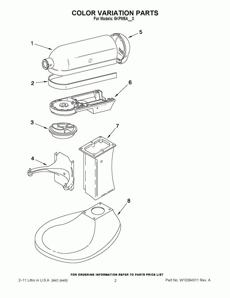 COLOR VARIATION PARTS Diagram and Parts List for 5KPM5AER0  KitchenAid Mixer