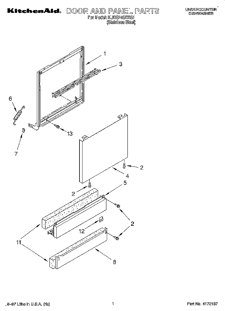 DOOR AND PANEL Diagram and Parts List for KUDS24SEBS1  KitchenAid Dishwasher