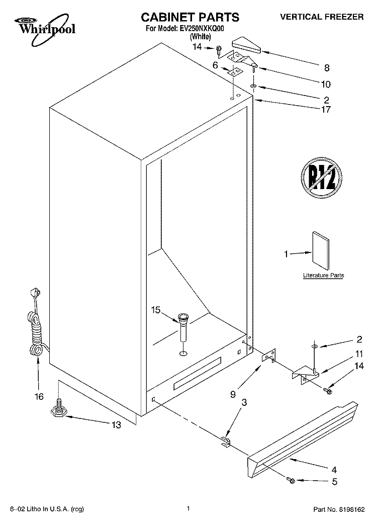 CABINET, LITERATURE Diagram and Parts List for EV250NXKQ00  Whirlpool Freezer