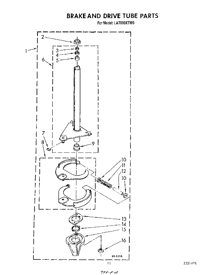 BRAKE AND DRIVE TUBE Diagram and Parts List for LA7000XTN0  Whirlpool Washer
