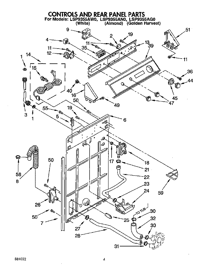 CONTROLS AND REAR PANEL Diagram and Parts List for LSP9355AW0  Whirlpool Washer