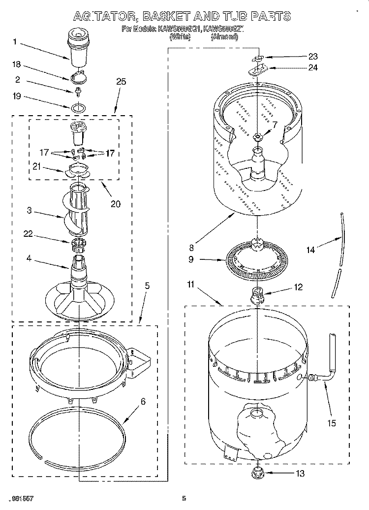 AGITATOR, BASKET AND TUB Diagram and Parts List for KAWS800GQ1  KitchenAid Washer
