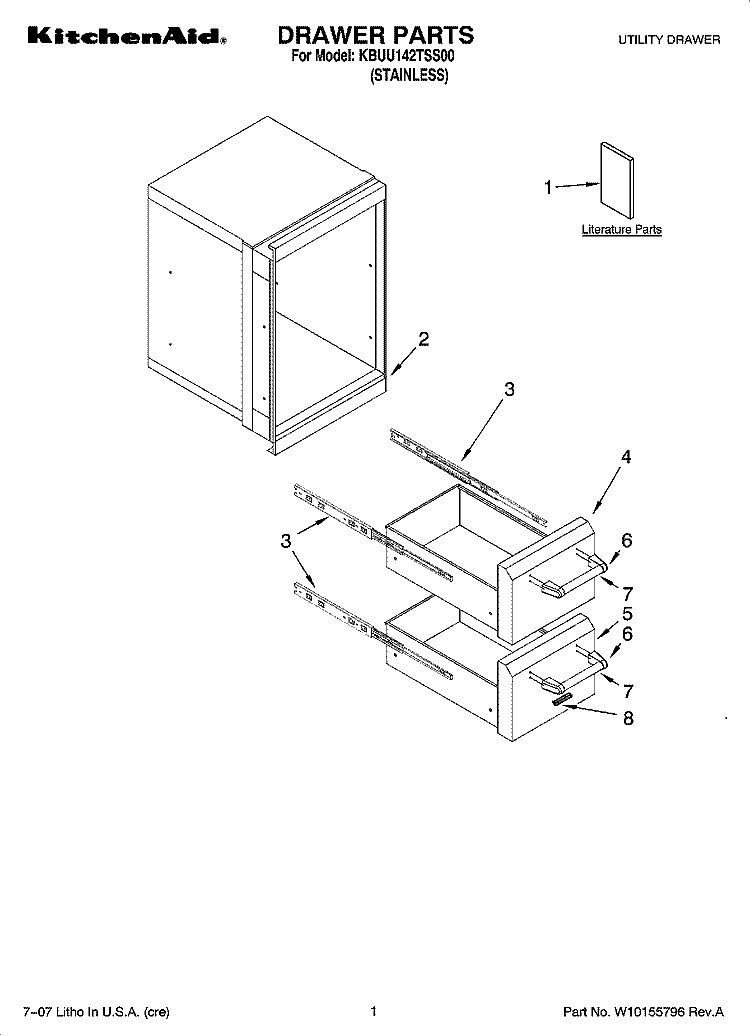 DRAWER PARTS Diagram and Parts List for KBUU142TSS00  KitchenAid Grill